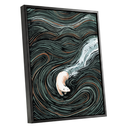 Moonlit Koi Current, black, green, white nature wall art shown as a black framed canvas wall art