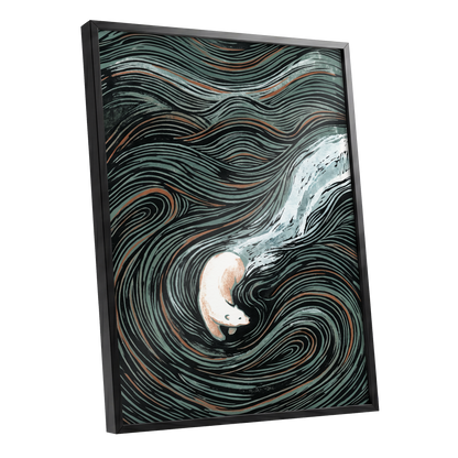Moonlit Koi Current, black, green, white nature wall art shown as a black framed poster wall art print