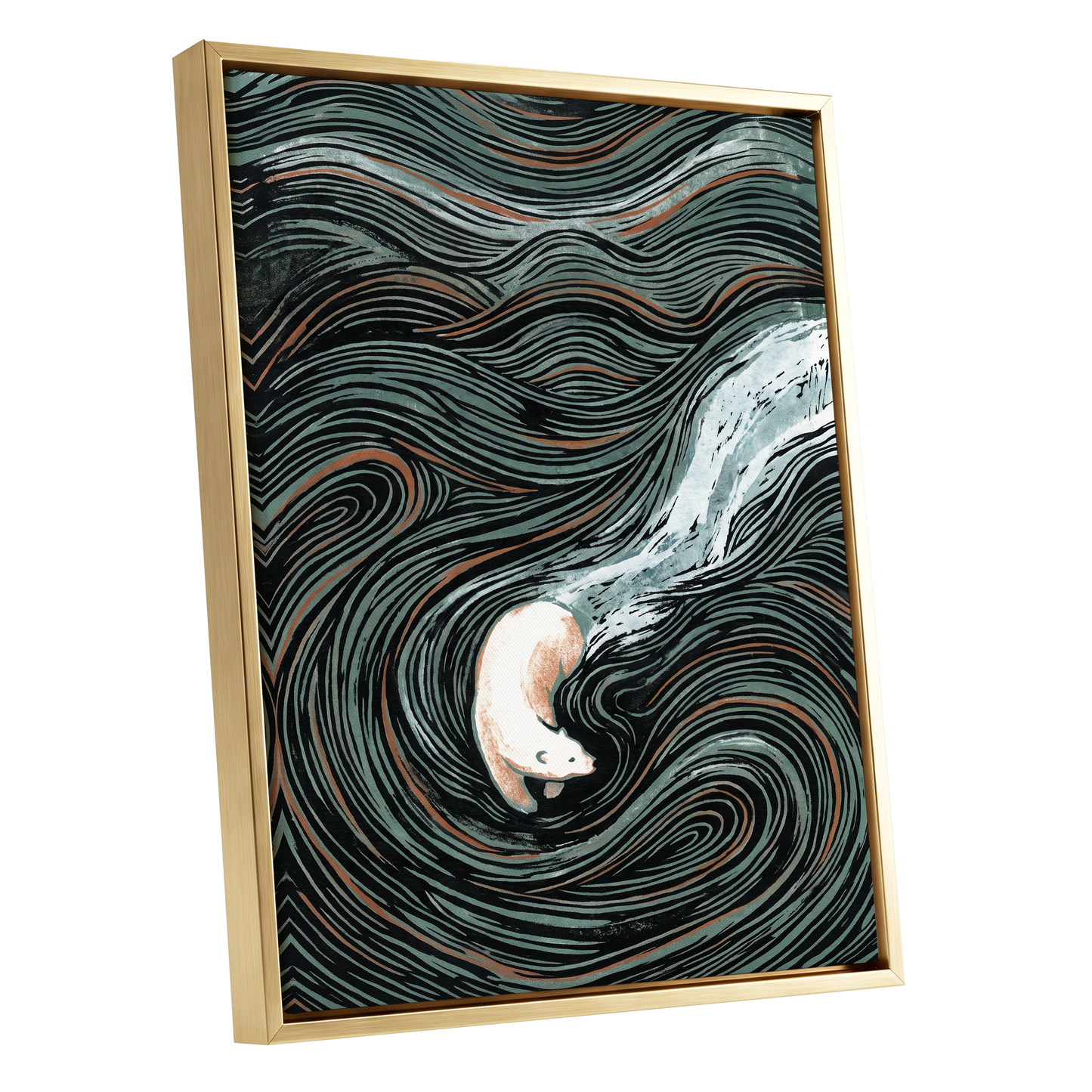 Moonlit Koi Current, black, green, white nature wall art shown as a gold framed canvas wall art