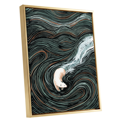 Moonlit Koi Current, black, green, white nature wall art shown as a gold framed canvas wall art