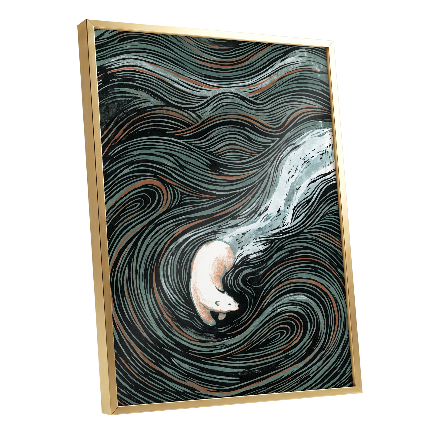 Moonlit Koi Current, black, green, white nature wall art shown as a gold framed poster wall art print