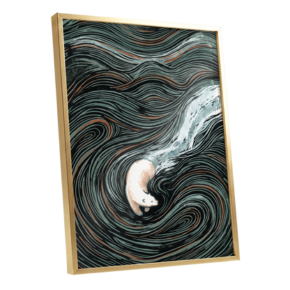 Moonlit Koi Current, black, green, white nature wall art shown as a gold framed poster wall art print