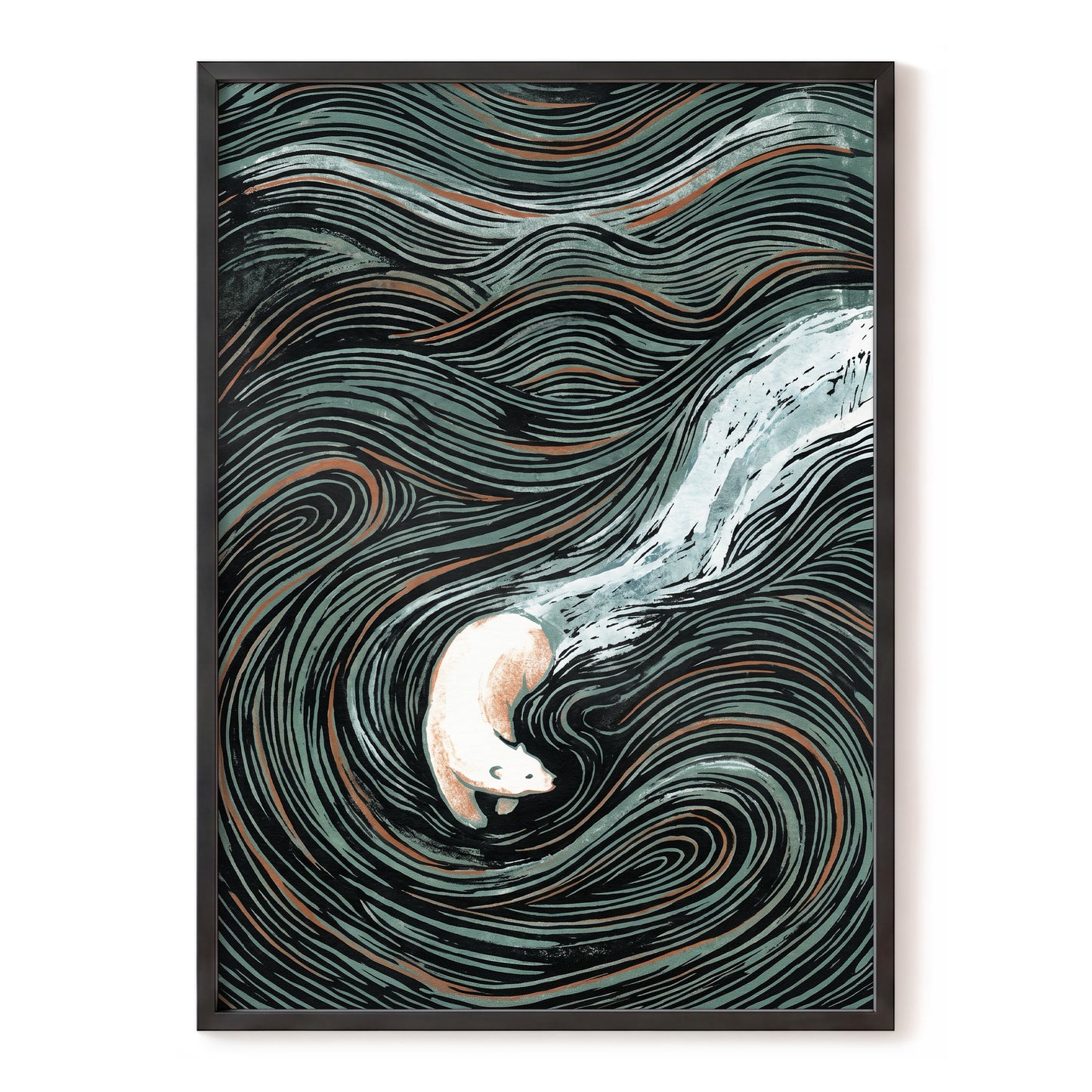 Moonlit Koi Current, black, green, white nature wall art, front artwork view
