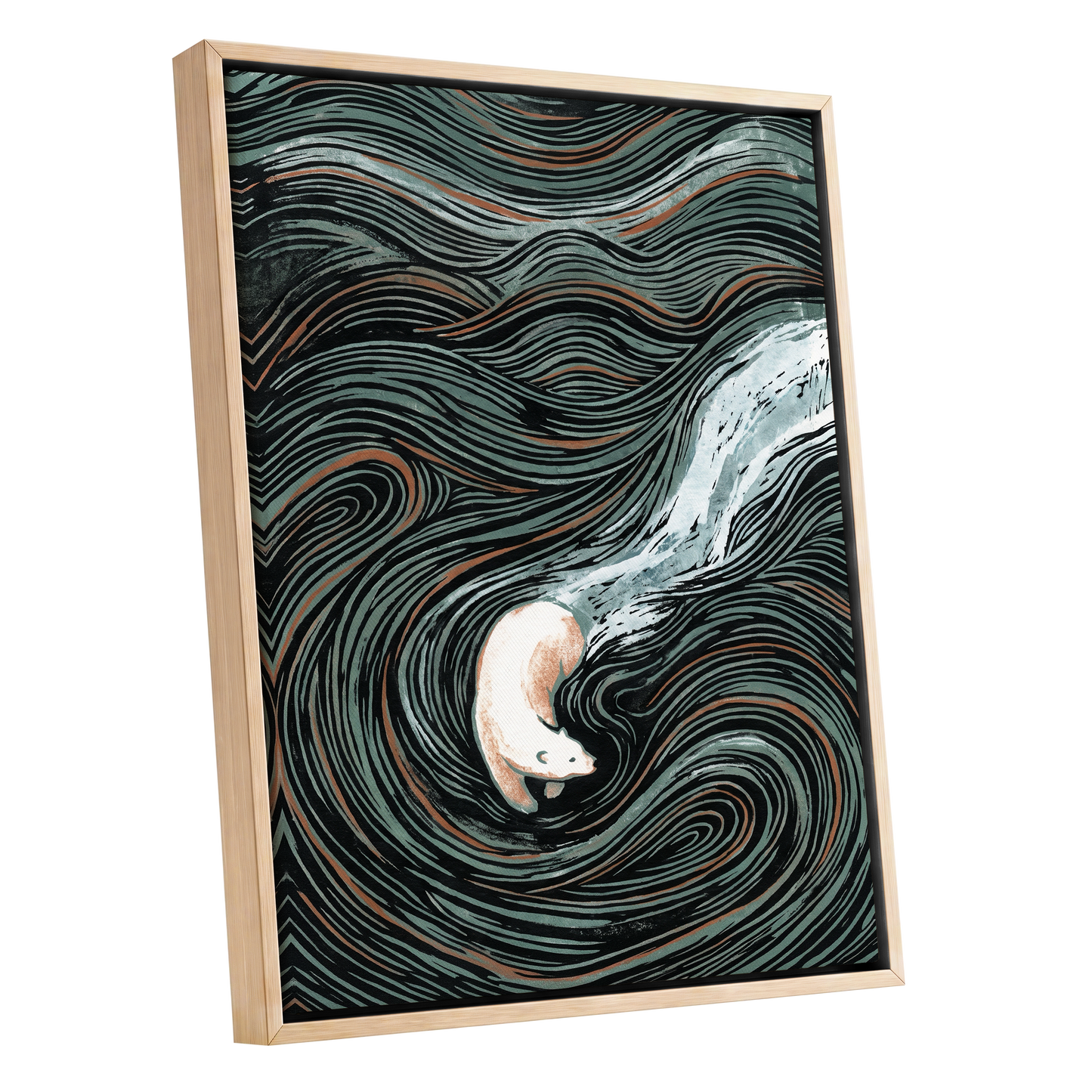Moonlit Koi Current, black, green, white nature wall art shown as a oak framed canvas wall art