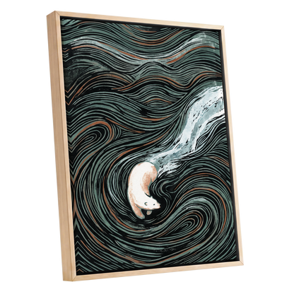 Moonlit Koi Current, black, green, white nature wall art shown as a oak framed canvas wall art