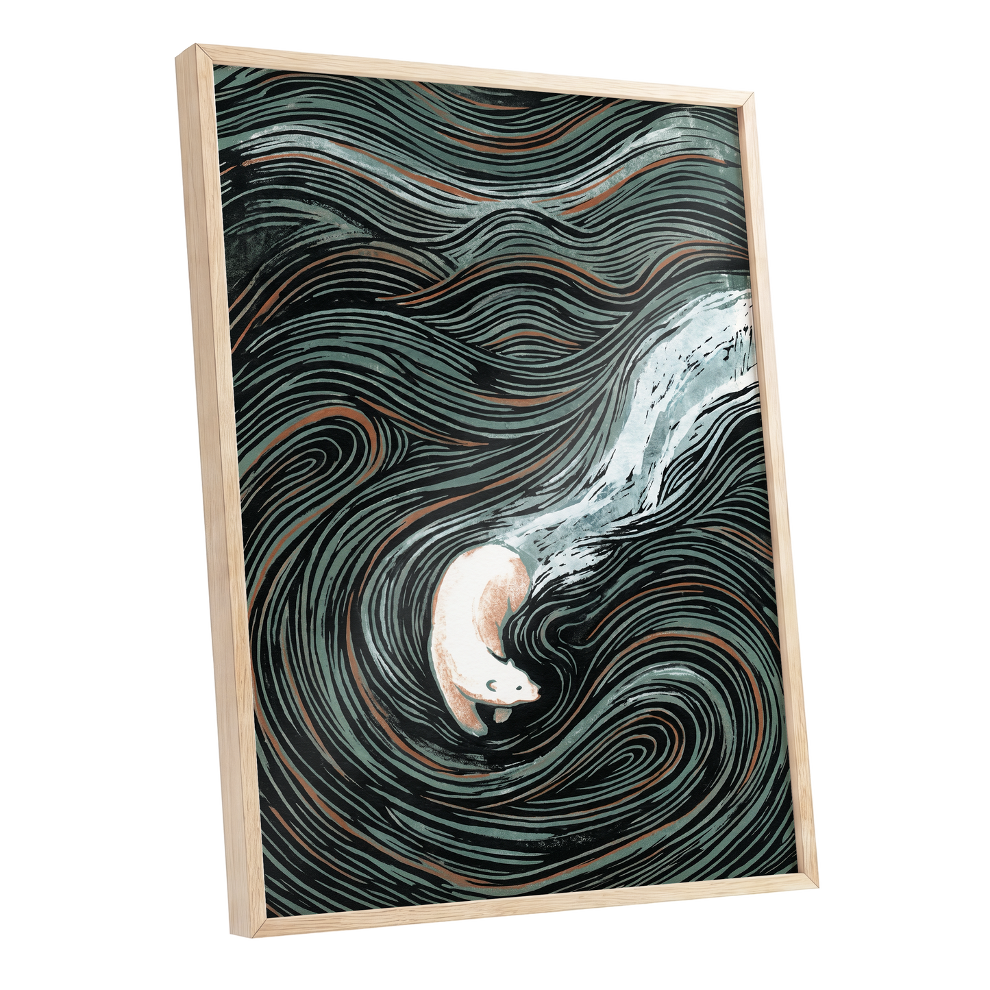 Moonlit Koi Current, black, green, white nature wall art shown as a oak framed poster wall art print