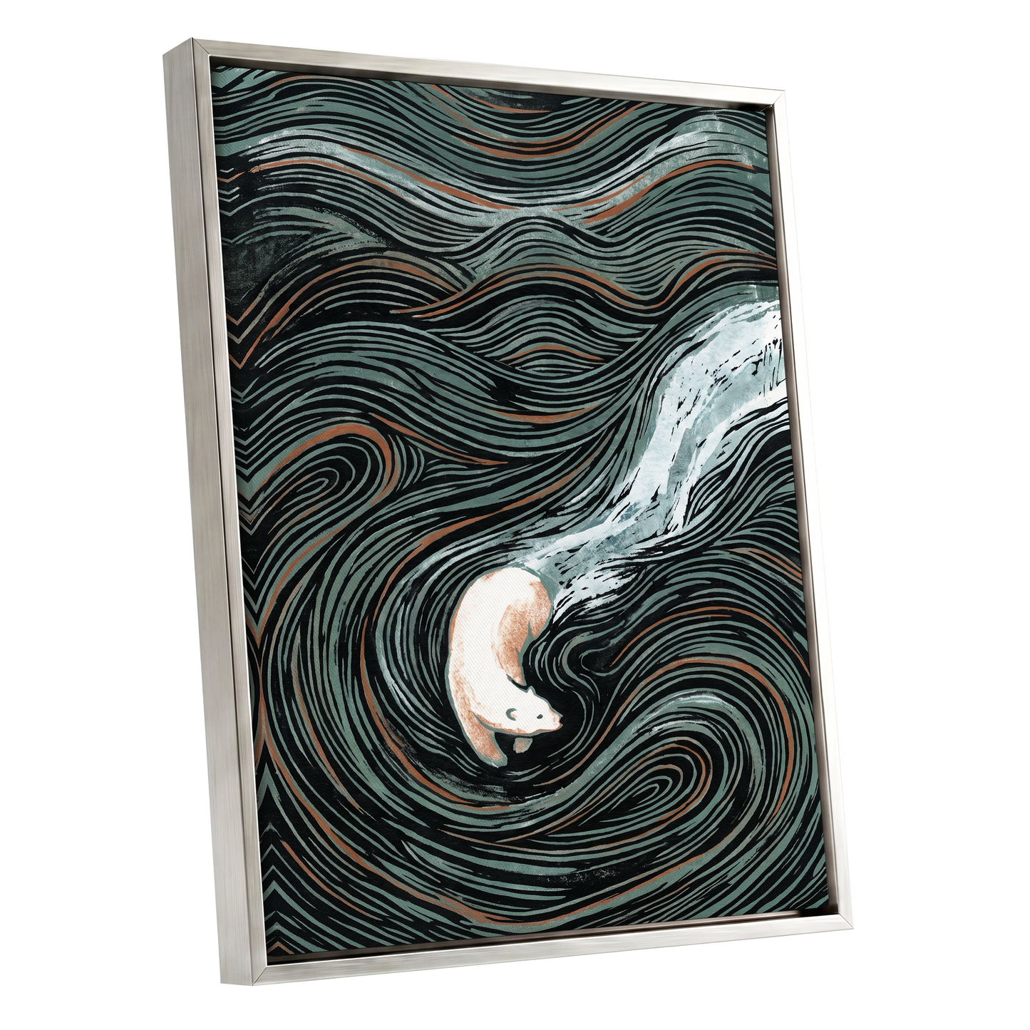 Moonlit Koi Current, black, green, white nature wall art shown as a silver framed canvas wall art