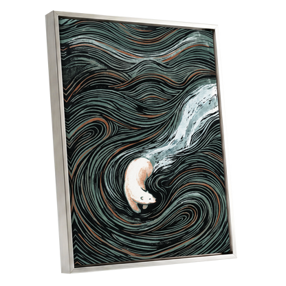 Moonlit Koi Current, black, green, white nature wall art shown as a silver framed canvas wall art