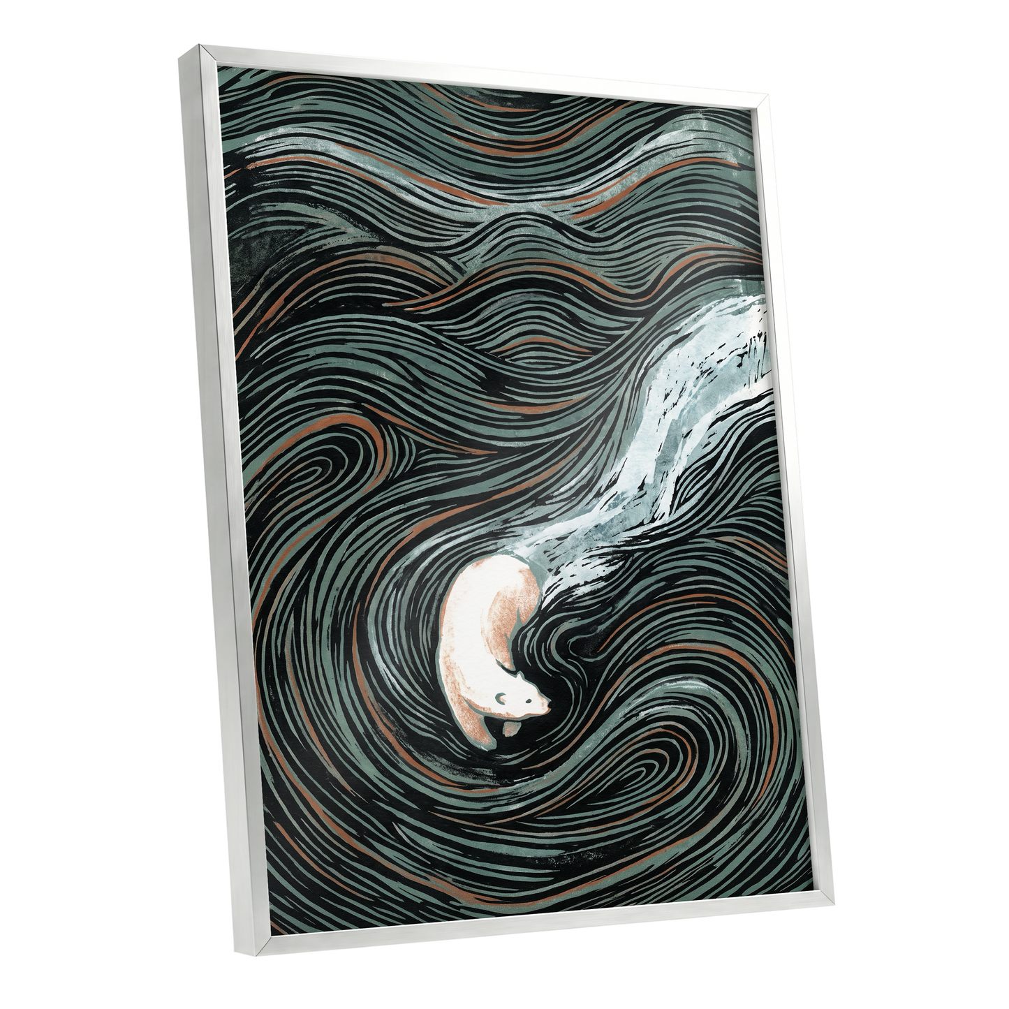 Moonlit Koi Current, black, green, white nature wall art shown as a silver framed poster wall art print
