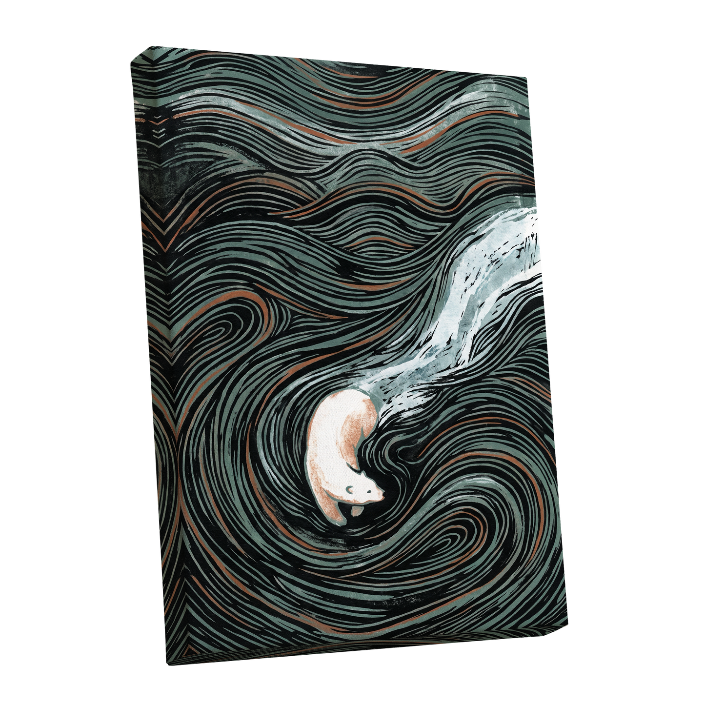 Moonlit Koi Current, black, green, white nature wall art shown as a stretched canvas wall art