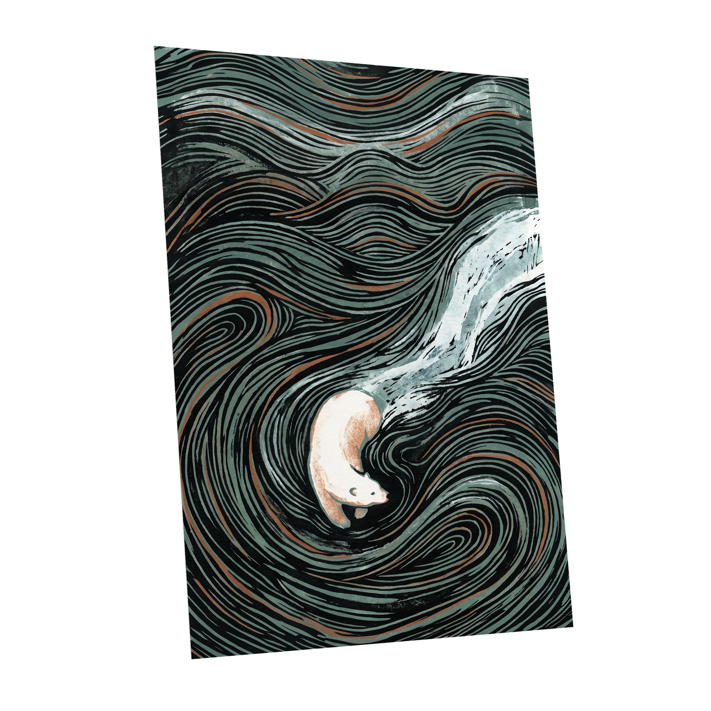 Moonlit Koi Current, black, green, white nature wall art shown as a unframed poster wall art print