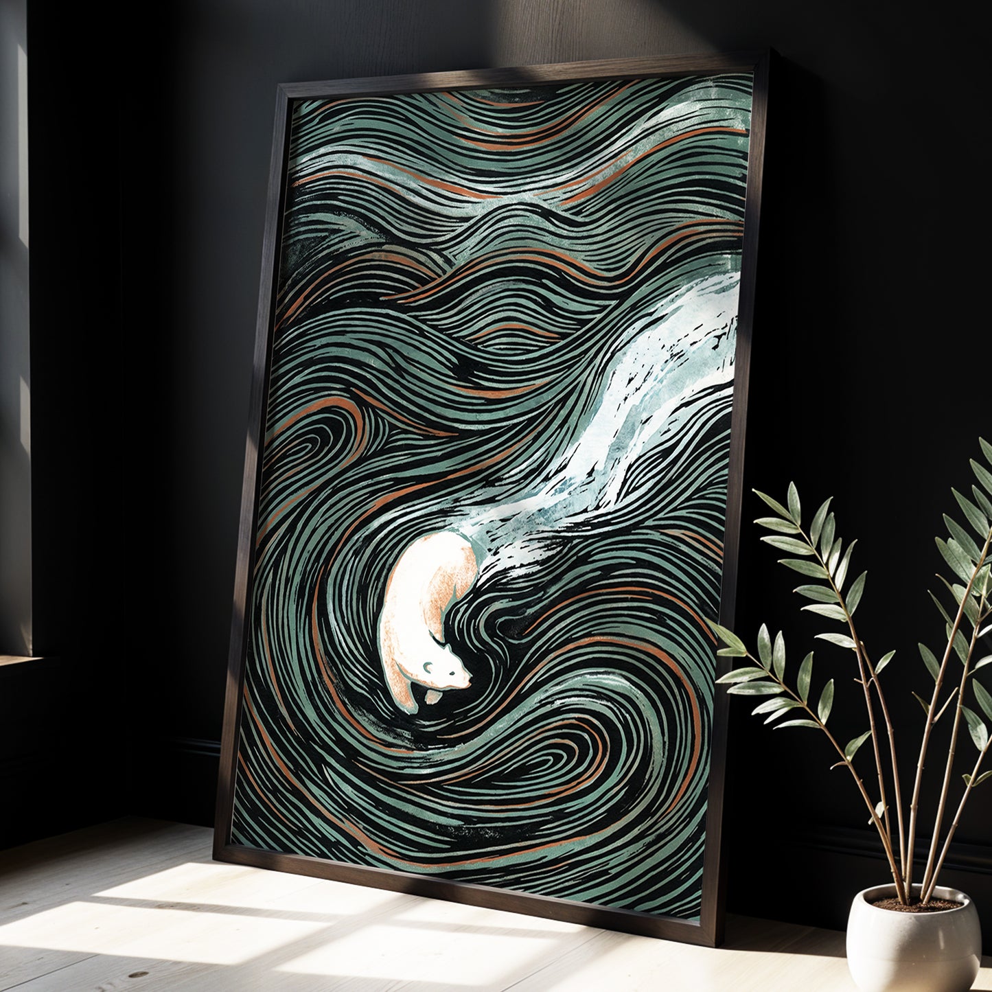 Moonlit Koi Current, black, green, white nature wall art displayed in a styled interior, gallery view 2
