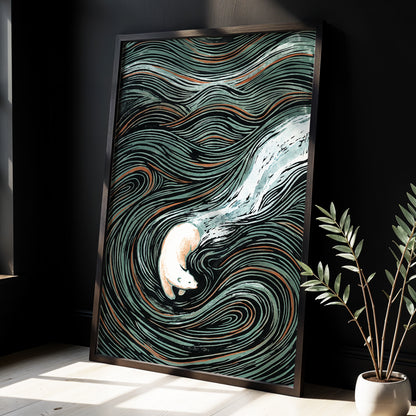 Moonlit Koi Current, black, green, white nature wall art displayed in a styled interior, gallery view 2