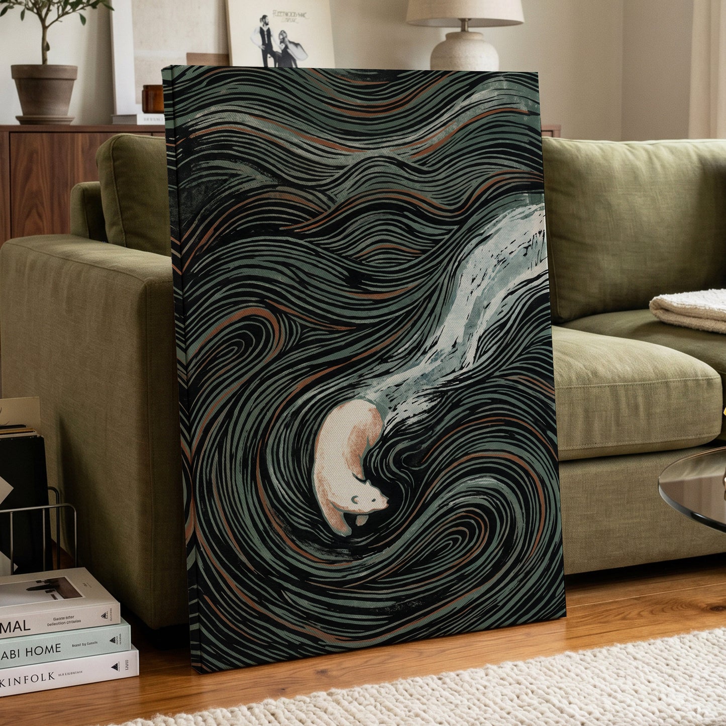 Moonlit Koi Current, black, green, white nature wall art displayed in a styled interior, gallery view 3