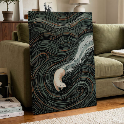 Moonlit Koi Current, black, green, white nature wall art displayed in a styled interior, gallery view 3
