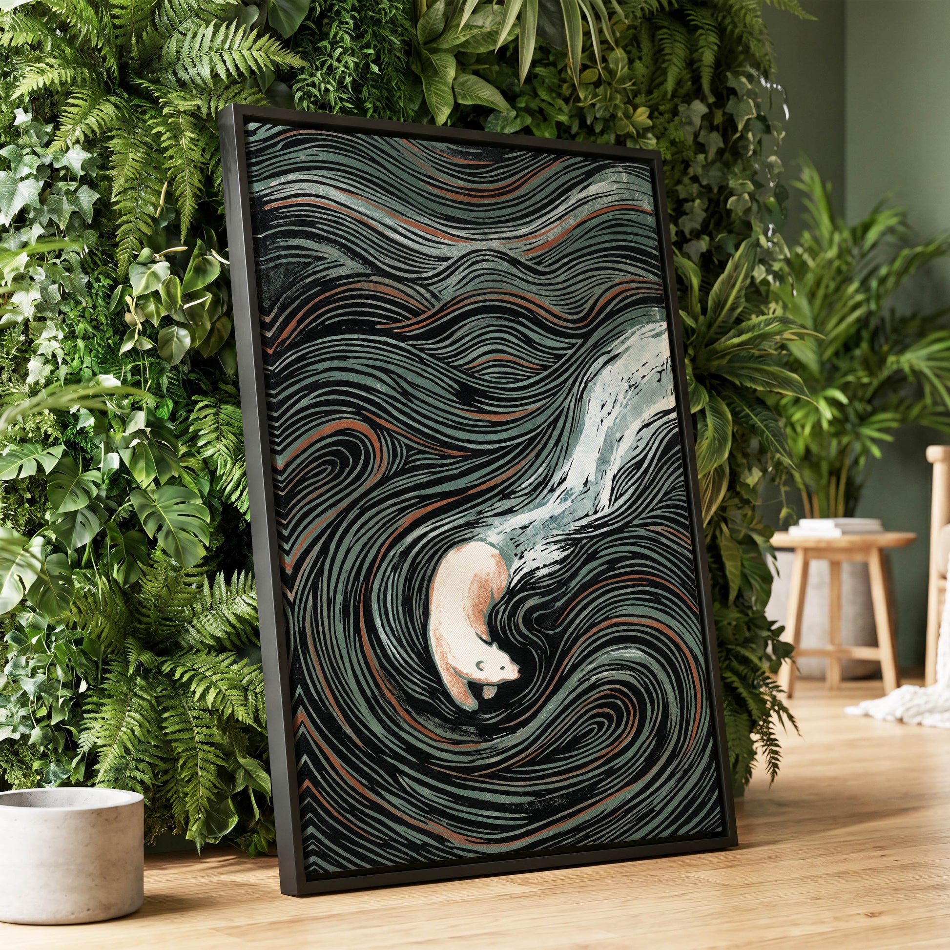 Moonlit Koi Current, black, green, white nature wall art displayed in a styled interior, gallery view 4