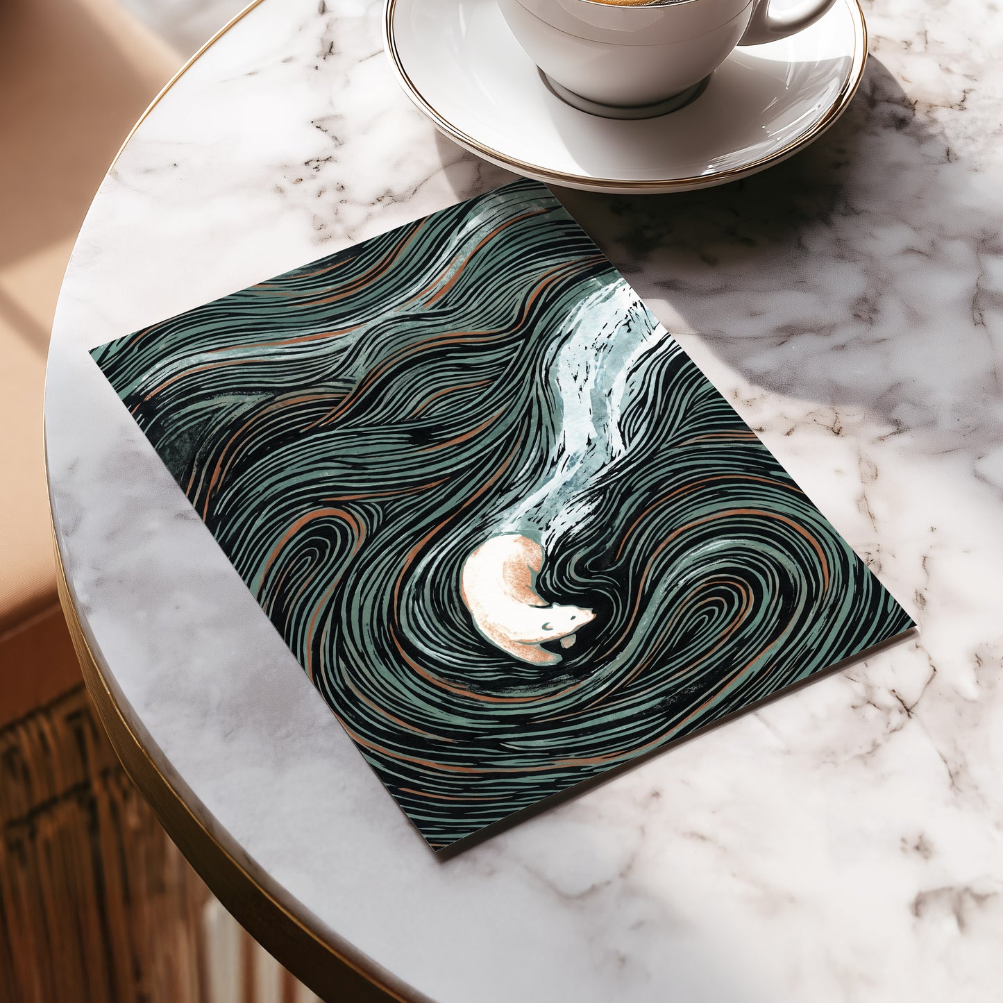 Moonlit Koi Current, black, green, white nature wall art displayed in a styled interior, gallery view 5