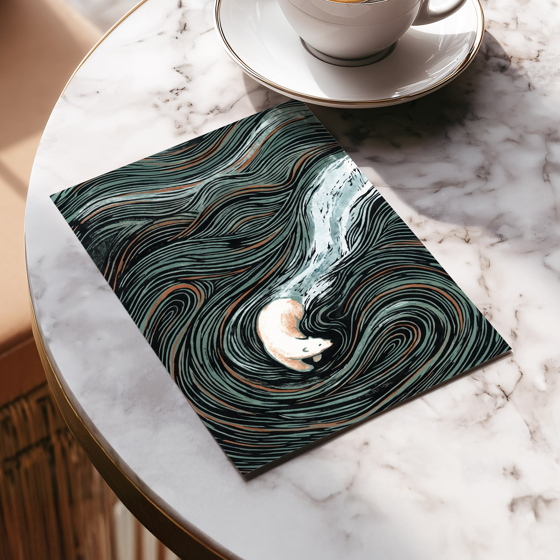 Moonlit Koi Current, black, green, white nature wall art displayed in a styled interior, gallery view 5