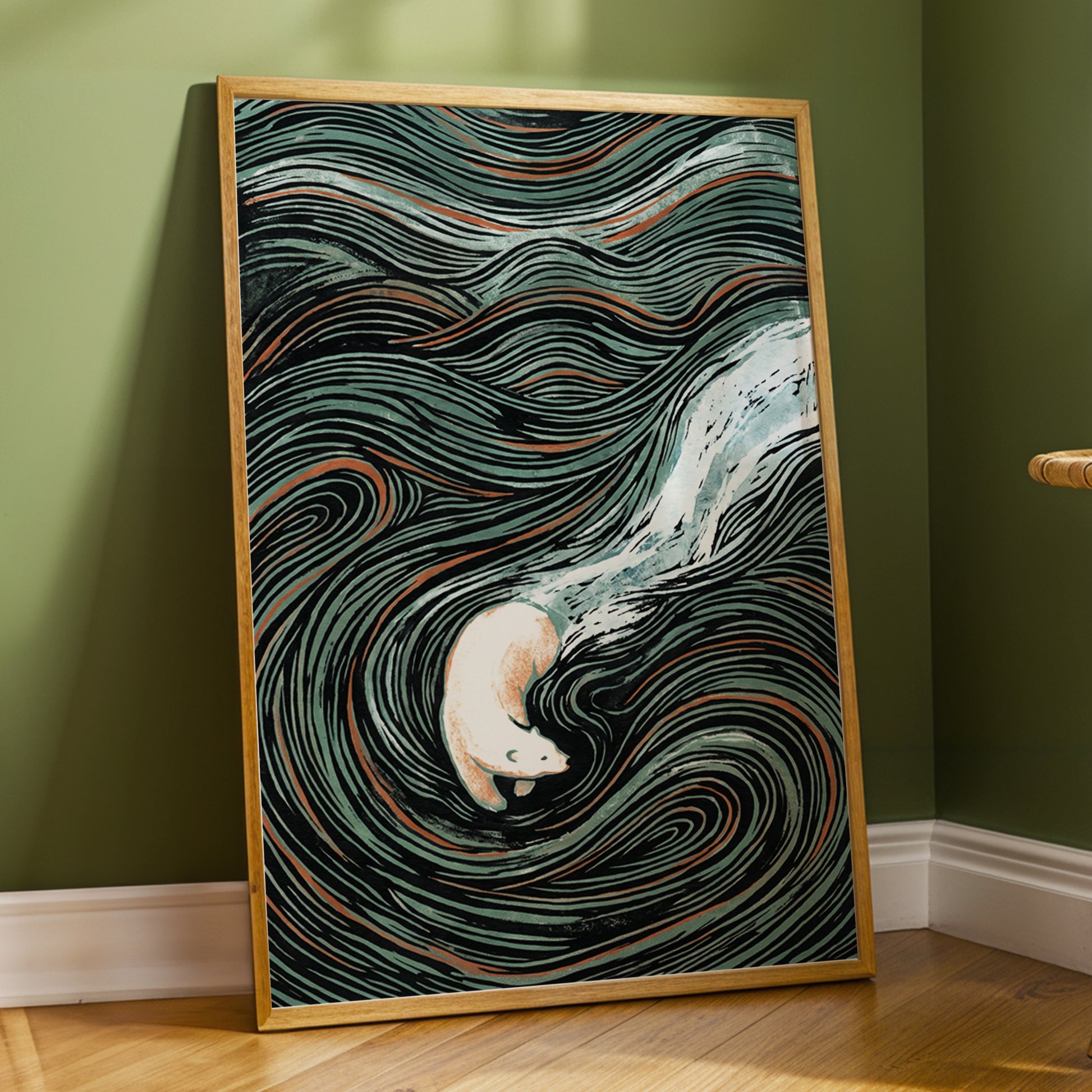 Moonlit Koi Current, black, green, white nature wall art displayed in a styled interior, gallery view 6