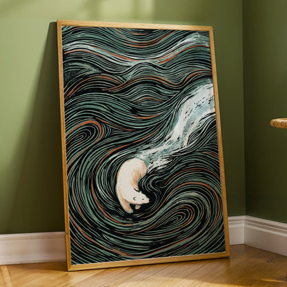 Moonlit Koi Current, black, green, white nature wall art displayed in a styled interior, gallery view 6