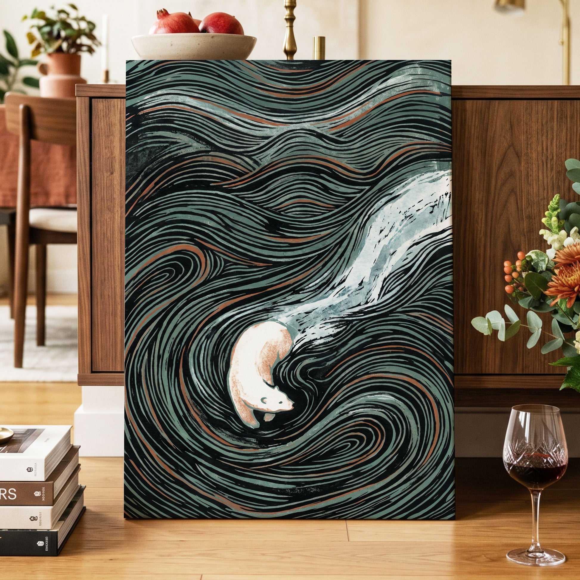 Moonlit Koi Current, black, green, white nature wall art displayed in a styled interior, gallery view 7
