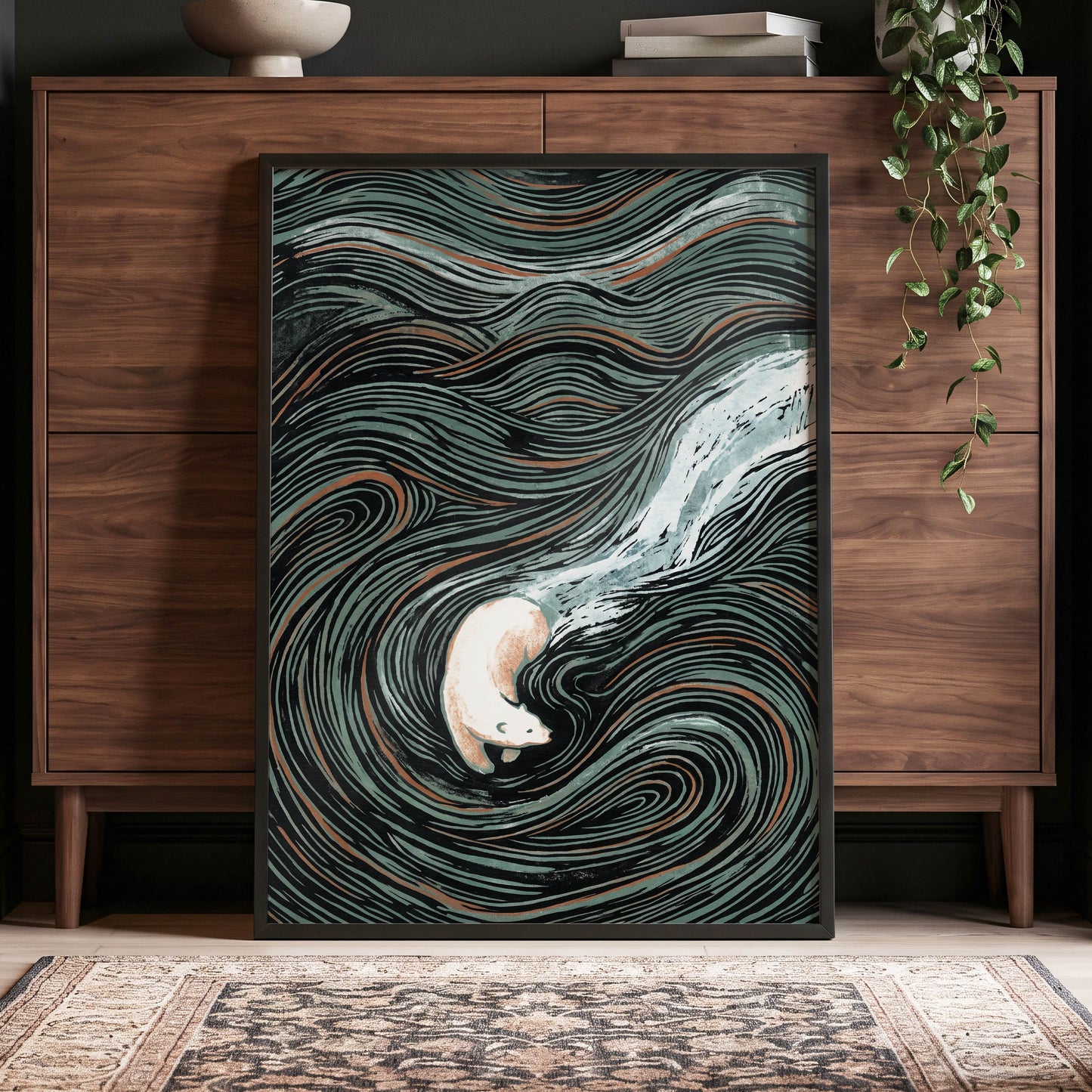 Moonlit Koi Current, black, green, white nature wall art displayed in a styled interior, gallery view 9