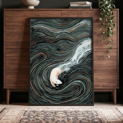 Moonlit Koi Current, black, green, white nature wall art displayed in a styled interior, gallery view 9