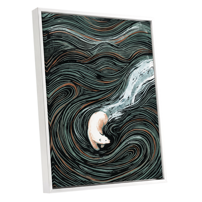 Moonlit Koi Current, black, green, white nature wall art shown as a white framed canvas wall art