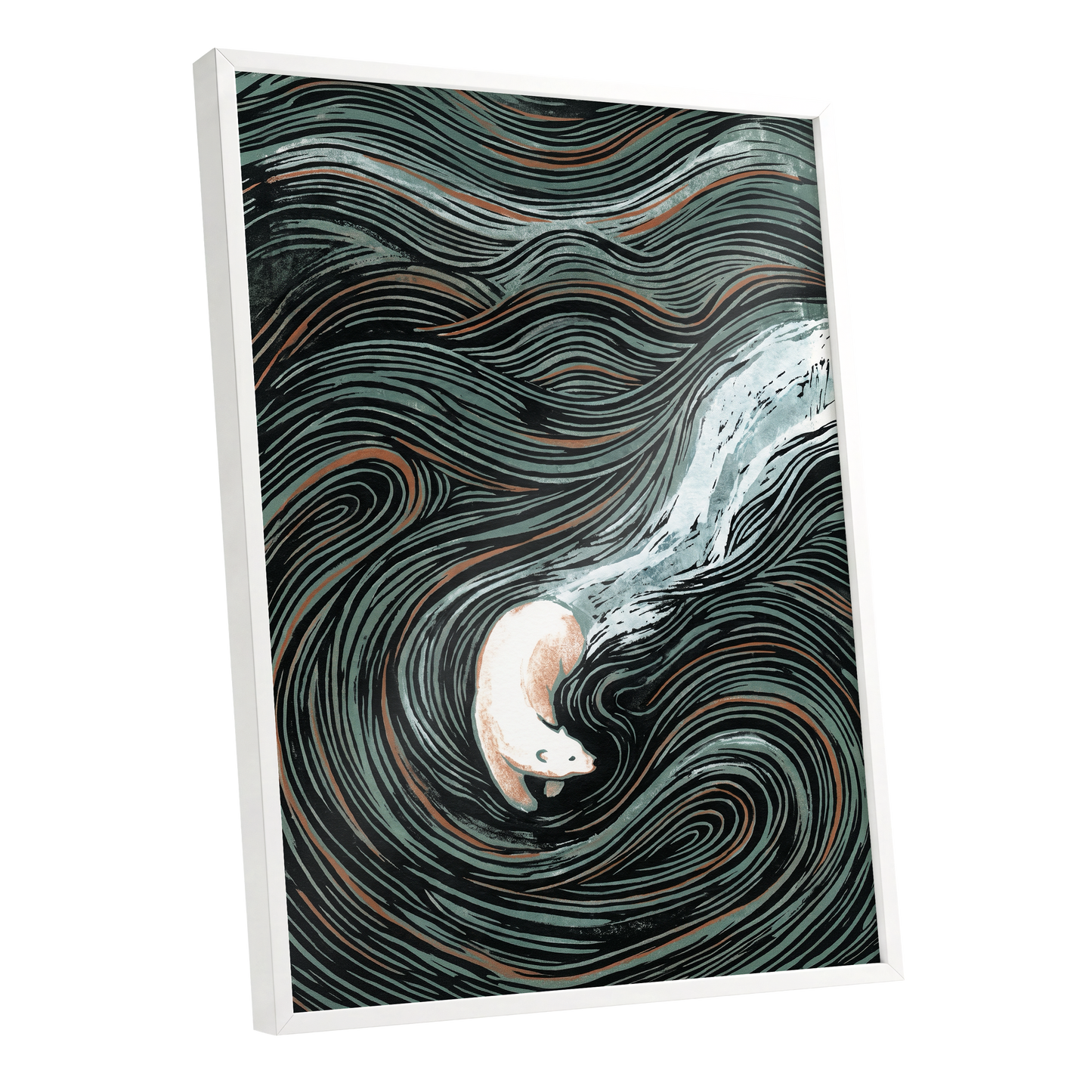 Moonlit Koi Current, black, green, white nature wall art shown as a white framed poster wall art print
