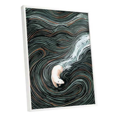 Moonlit Koi Current, black, green, white nature wall art shown as a white framed poster wall art print