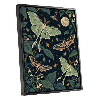 Moonlit Moth Garden, black, green, beige nature wall art shown as a black framed canvas wall art