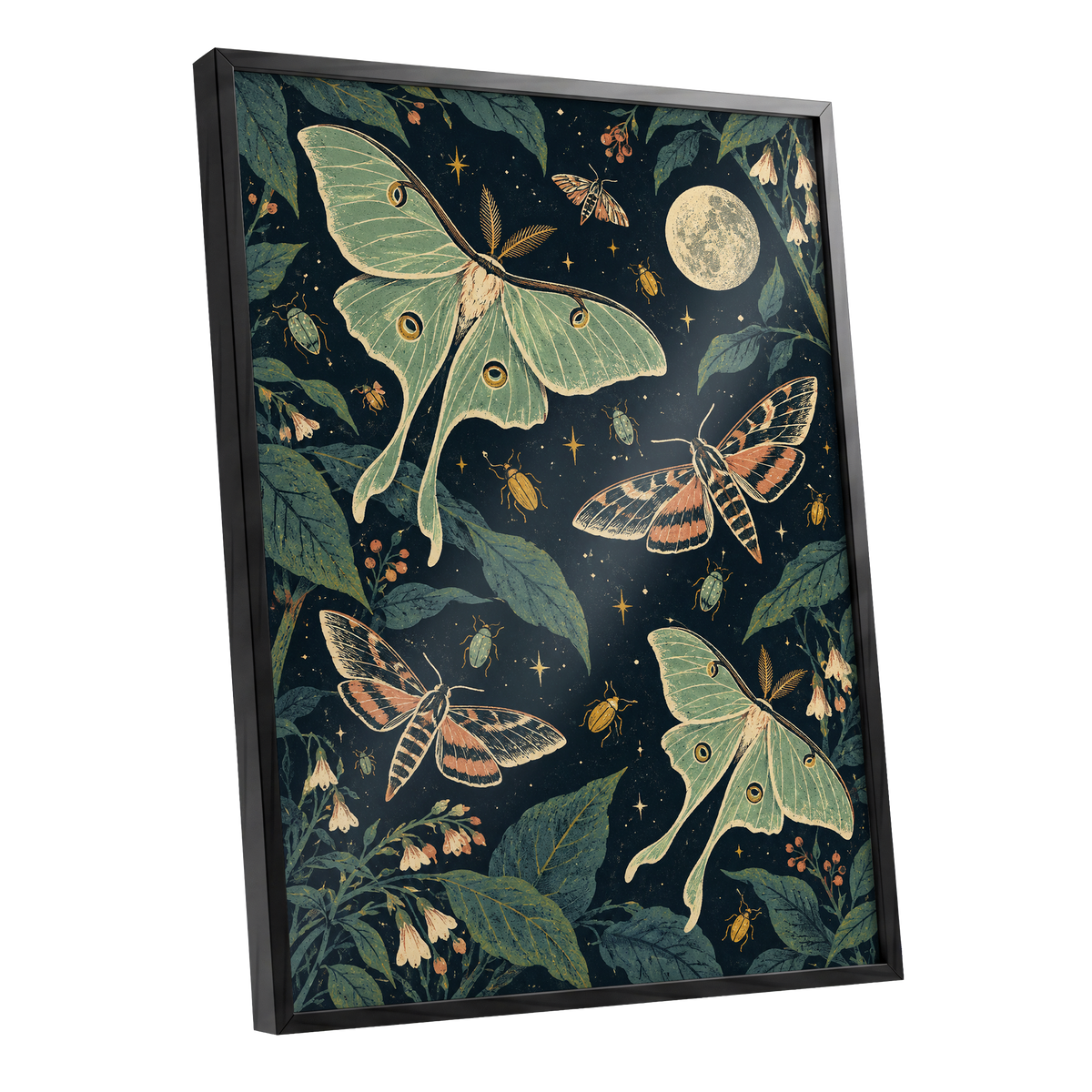 Moonlit Moth Garden, black, green, beige nature wall art shown as a black framed poster wall art print