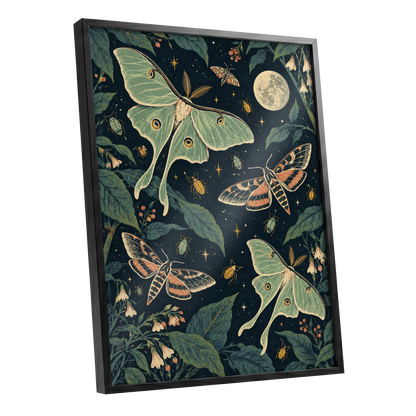 Moonlit Moth Garden, black, green, beige nature wall art shown as a black framed poster wall art print