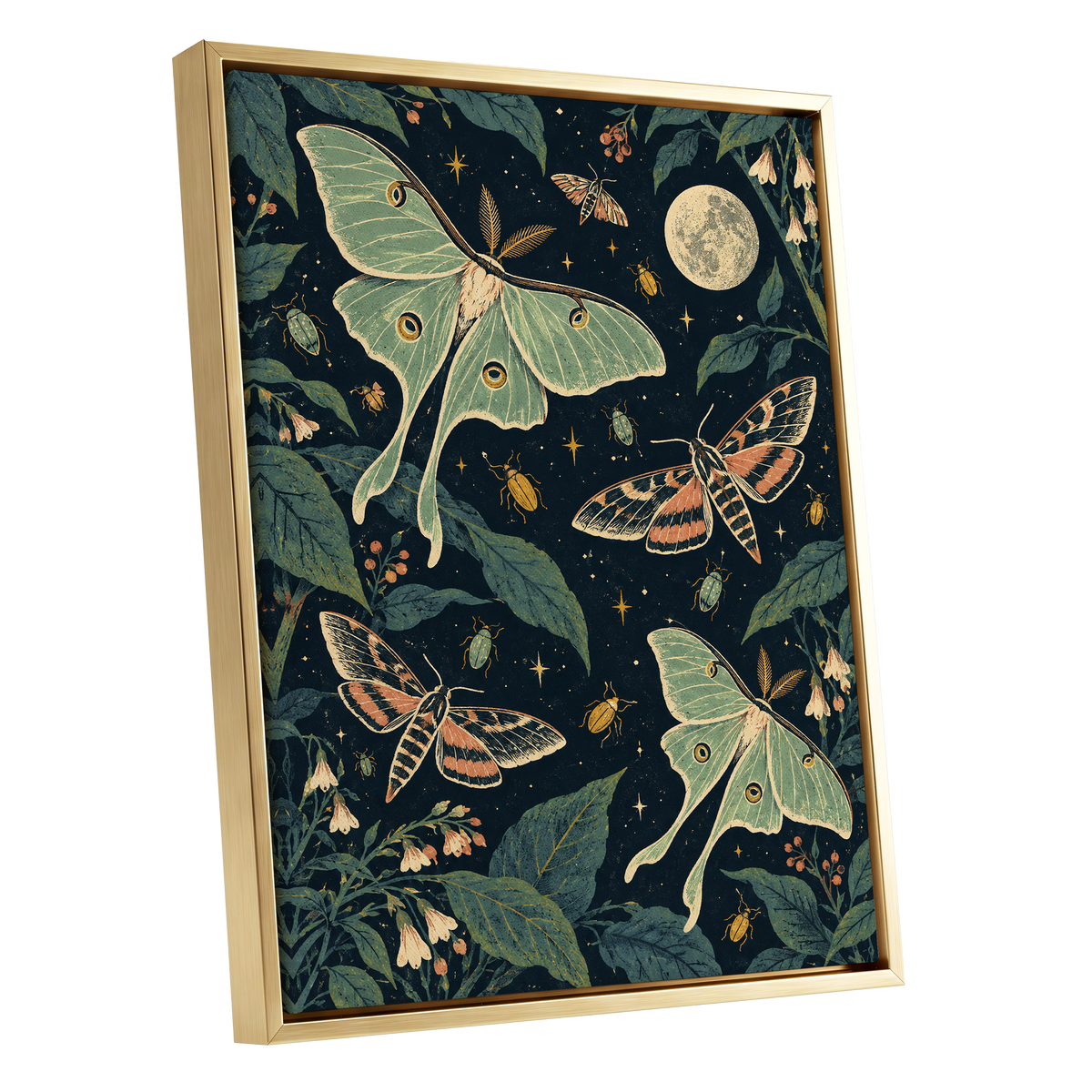 Moonlit Moth Garden, black, green, beige nature wall art shown as a gold framed canvas wall art