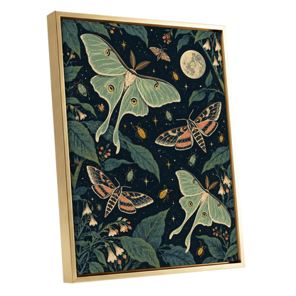 Moonlit Moth Garden, black, green, beige nature wall art shown as a gold framed canvas wall art