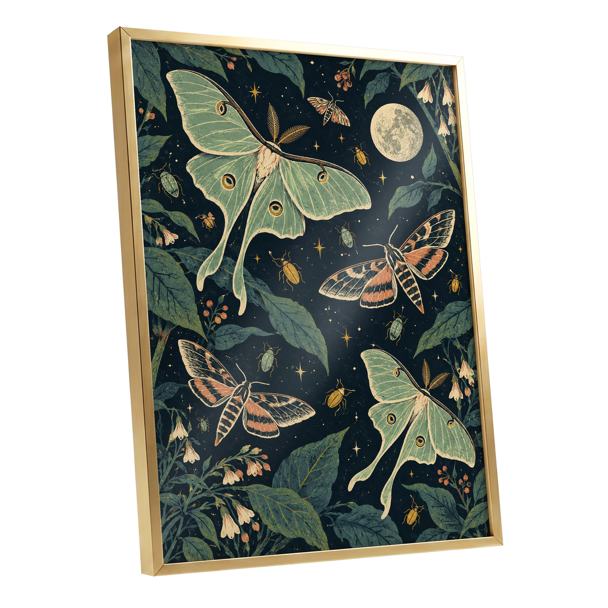 Moonlit Moth Garden, black, green, beige nature wall art shown as a gold framed poster wall art print