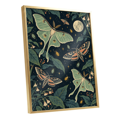 Moonlit Moth Garden, black, green, beige nature wall art shown as a gold framed poster wall art print