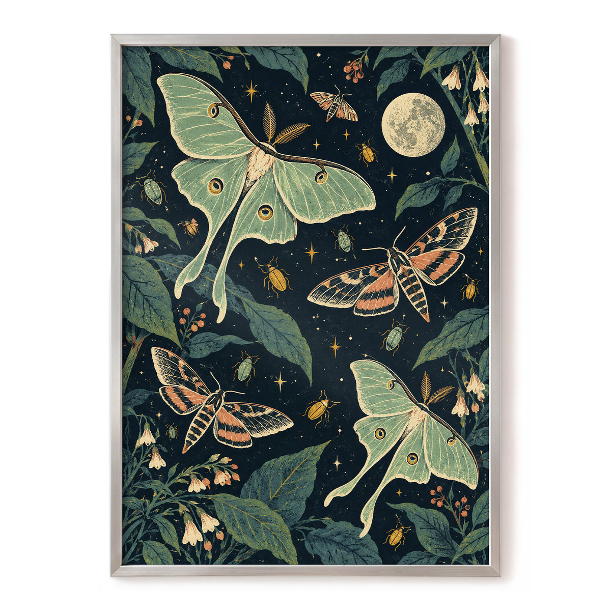 Moonlit Moth Garden, black, green, beige nature wall art, front artwork view
