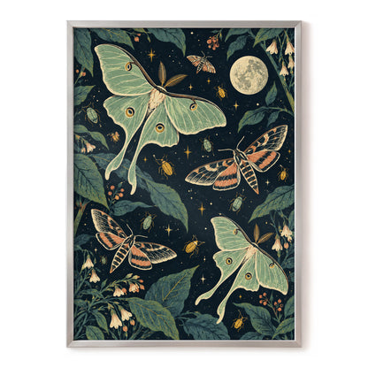 Moonlit Moth Garden, black, green, beige nature wall art, front artwork view