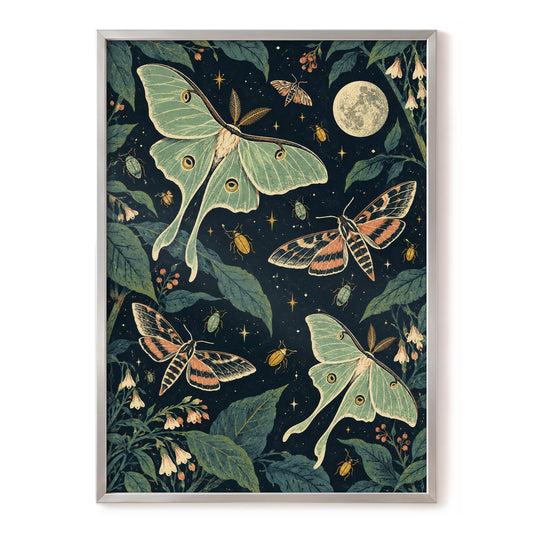 Moonlit Moth Garden, black, green, beige nature wall art, front artwork view