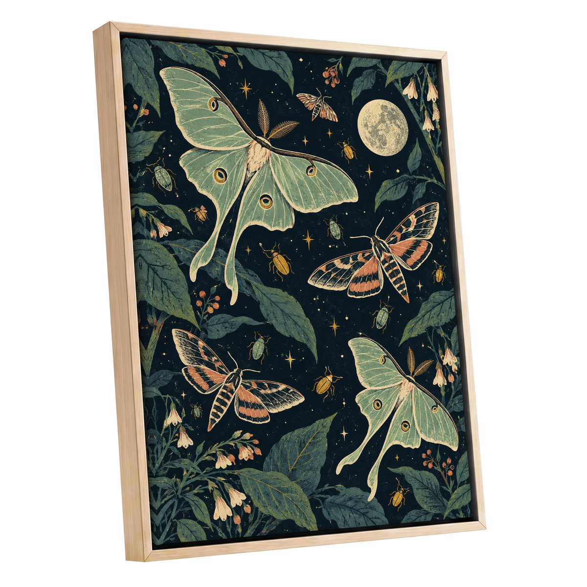 Moonlit Moth Garden, black, green, beige nature wall art shown as a oak framed canvas wall art