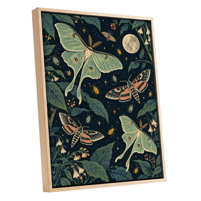 Moonlit Moth Garden, black, green, beige nature wall art shown as a oak framed canvas wall art