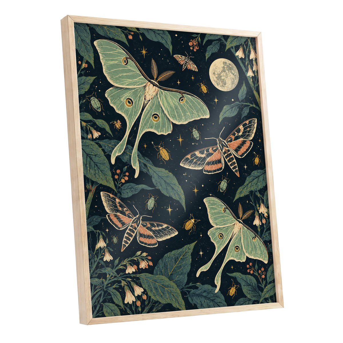 Moonlit Moth Garden, black, green, beige nature wall art shown as a oak framed poster wall art print