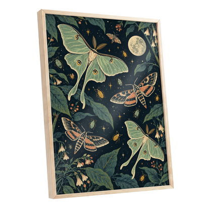 Moonlit Moth Garden, black, green, beige nature wall art shown as a oak framed poster wall art print