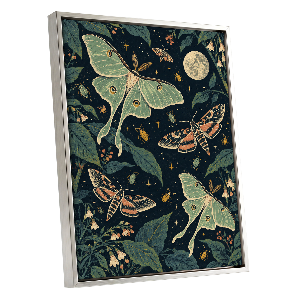 Moonlit Moth Garden, black, green, beige nature wall art shown as a silver framed canvas wall art