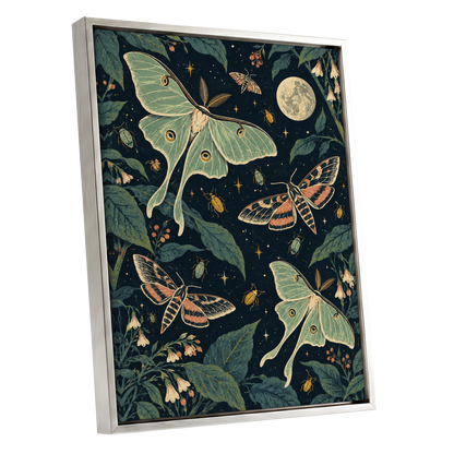 Moonlit Moth Garden, black, green, beige nature wall art shown as a silver framed canvas wall art
