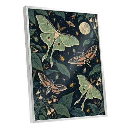 Moonlit Moth Garden, black, green, beige nature wall art shown as a silver framed poster wall art print