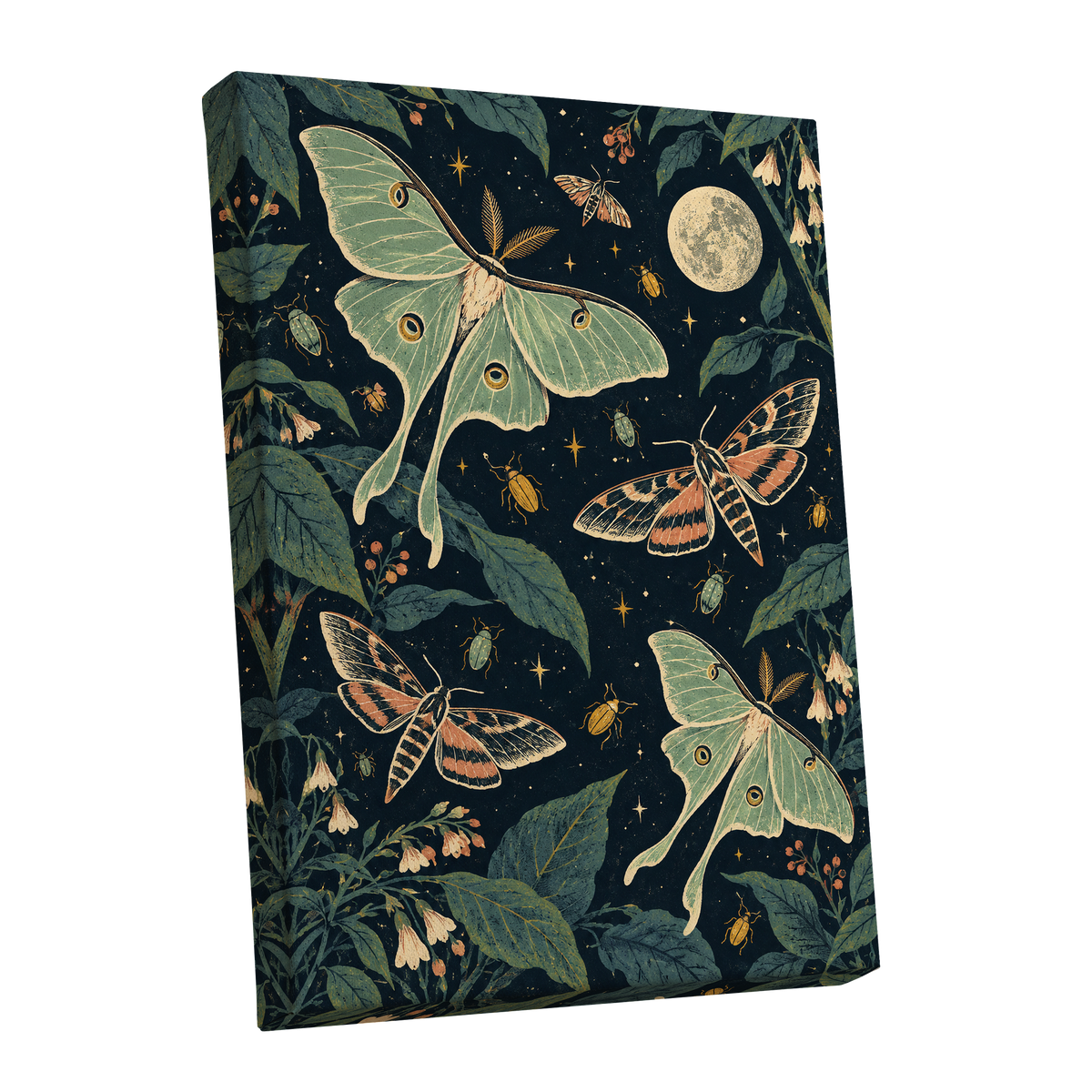 Moonlit Moth Garden, black, green, beige nature wall art shown as a stretched canvas wall art