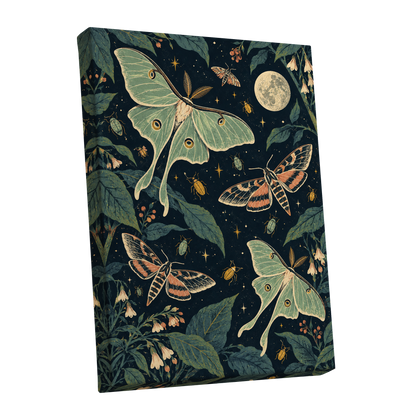 Moonlit Moth Garden, black, green, beige nature wall art shown as a stretched canvas wall art