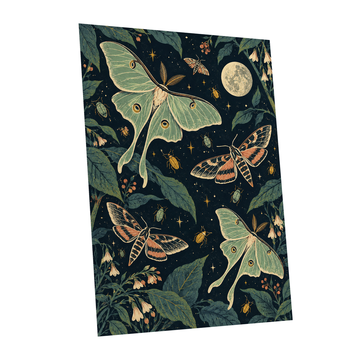 Moonlit Moth Garden, black, green, beige nature wall art shown as a unframed poster wall art print